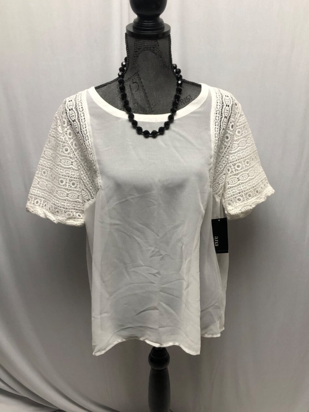 ana Top Womens Size XL Sheer White Crocheted Lace Sleeve Blouse NEW